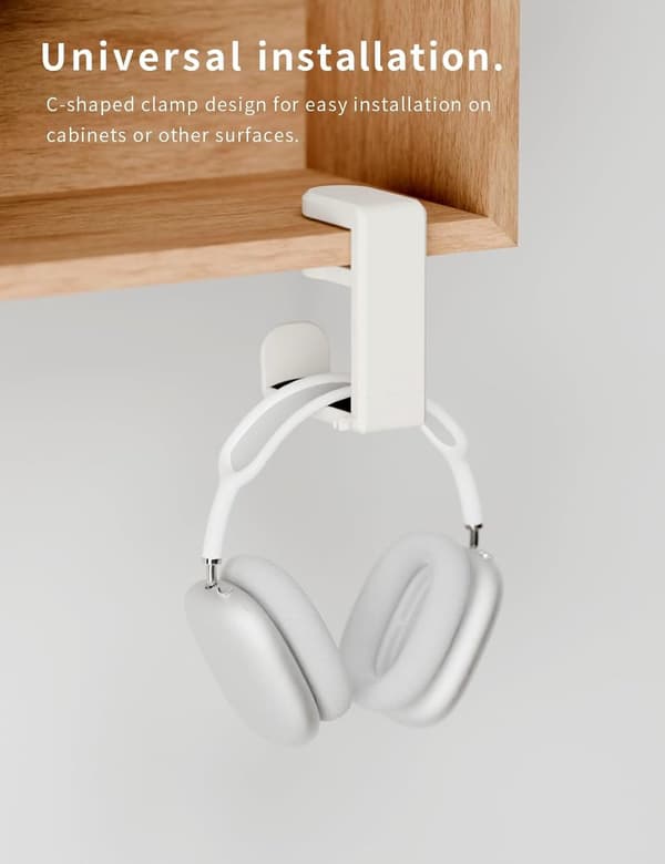 360° roterbart hörlursställ för montering under skrivbord med kabelhållare, justerbar klämma för gaming-headset, vit