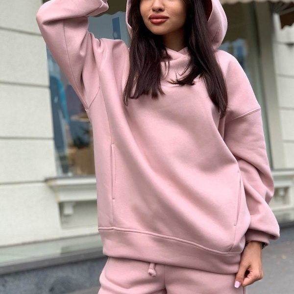 2-delad Hoodies Set Enfärgad Tröja & Byxor Tjock Träningsoverall Rosa M