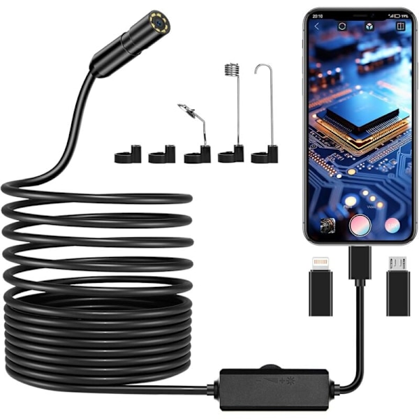 Endoskooppikamera, 1920P HD putkentarkastuskamera, IP67 endoskooppikamera 8 LED-valolla ja 5 metrin puolijäykällä kaapelilla iPhone iOS iPad Android -älypuhelimille