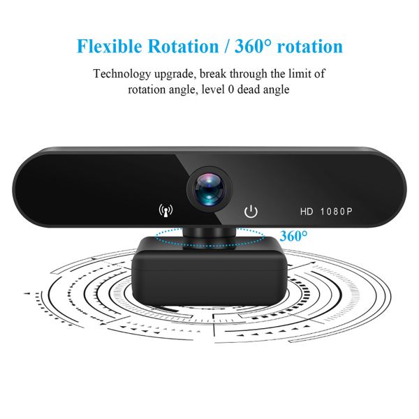 1080P Webkamera med Mikrofon Fleksibel Rotationskamera Plug&Play til Hjemmekontor