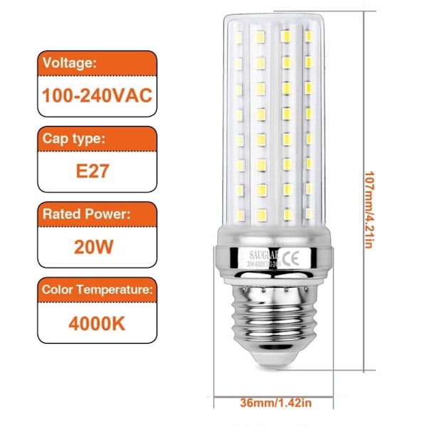 3-pack 20W LED majskolvslampor, motsvarande 150W glödlampa, 2300lm, 4000K neutralvitt, E27-lampor med Edison-sockel