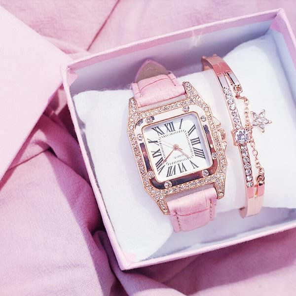 Klocka på läder Quartz Stjärnformad Kvadratisk Urtavla Dam Set (rosa)