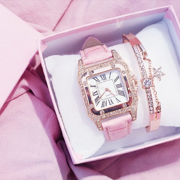 Ur med læderrem Quartz Starry Square Urtavle Dame Sæt (rosa)