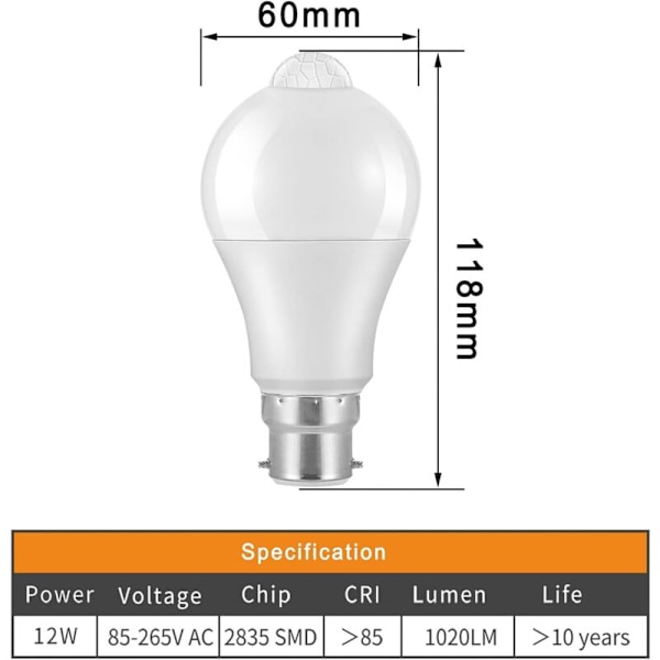 B22 Bajonet LED Pære med Bevægelsessensor, 12W, 1020lm, Kølig Hvid 6000K, CIR 85, IP42 Vandtæt Energibesparende, Ikke-Dæmpbar, Bevægelsessensor Pære (2 stk)
