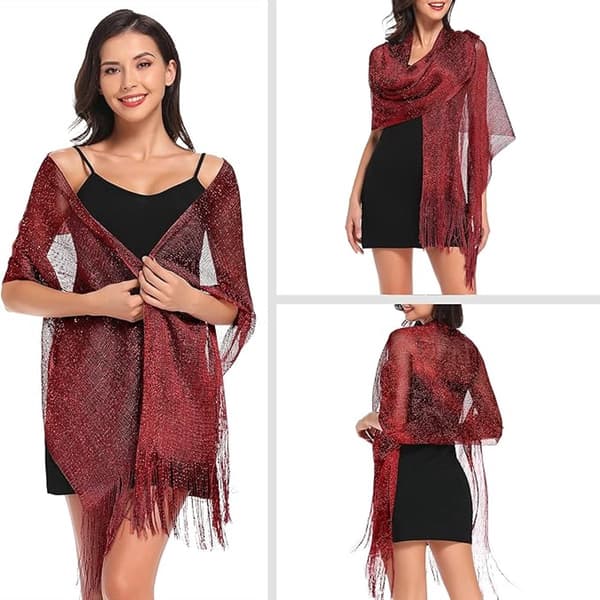Dame metallic tørklæde, glitrende polyester wrap med kvastfrynser og klips til bryllupper, fester, strandture, bordeauxrød