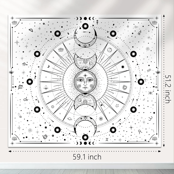 Sol Måne Gobeläng Psykedelisk Svart och Vit Väggbonad Väggdekor för Sovrum (Ljusvit, 51,2x59,1 tum, 130x150 cm)