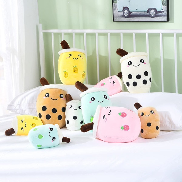 Söpö Bubble Tea suuri plyyshilelu, täytetty Boba-plyyshilelu, ruokamuotoinen tyyny Hedelmämaito Syntymäpäivälahja lapsille (keltaiset avoimet silmät, 9,4 tuumaa)