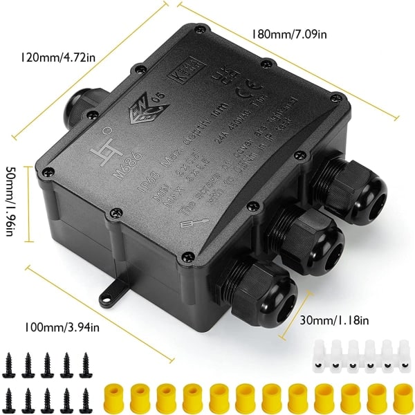 IP68 vanntett koblingsboks, Ø 4 mm-14 mm, 4-veis, ABS+PVC