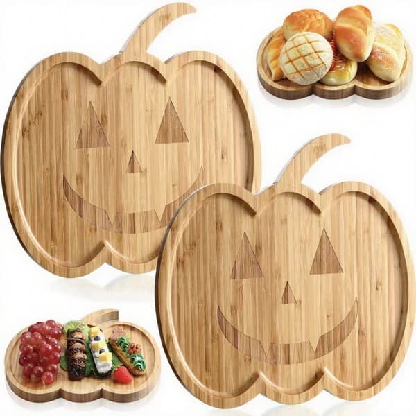 Halloween græskarformede bambustallerkener, genanvendelige serveringsbakker til børnefester, snacks og desserter, 2-pak, 20 cm