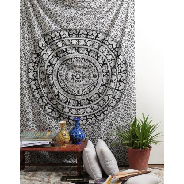 200Cm X 150Cm Svart/Vit Väggbonad Svart Mandala Tapet - Vägghängande Elephant Beach Gobeläng Tryckt Bomull För L