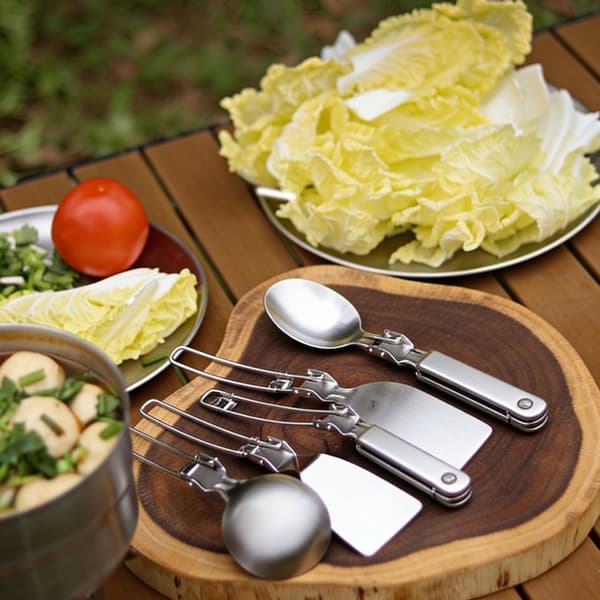 6-dele camping køkkenredskabssæt, 304 rustfrit stål foldbare håndtag, bærbar opbevaringstaske til vandreture, picnics og grillfester
