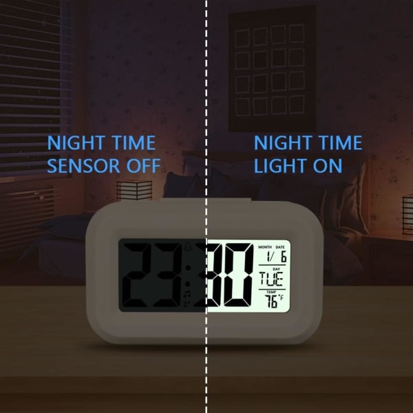 Digital väckarklocka, batteridriven digital LCD-väckarklocka med temperatur- och datumvisning, för hemmakontor, vit
