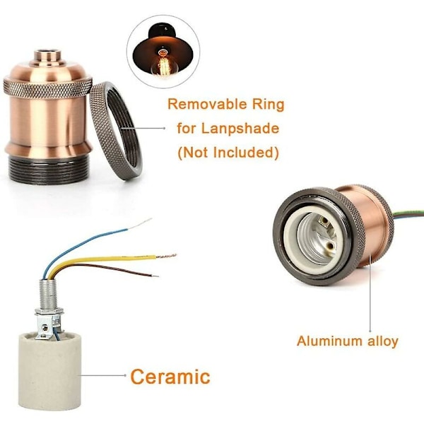 Edison Lampfot E27 Vintage Ljushållare Adapter Retro Ljuskrona Trådlös Keramik Insida, 1-pack, Antik Mässing Röd