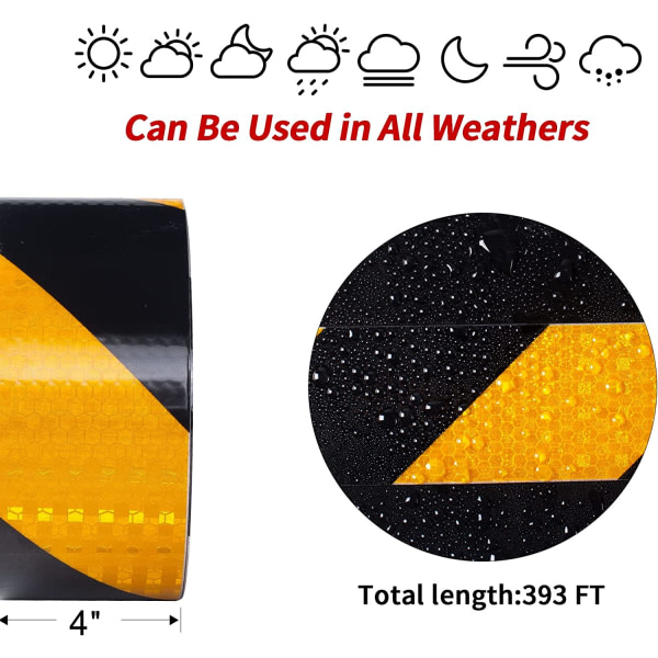 Gul och svart reflextejp - 4\" x 10,2 m - synlig säkerhetsvarningstejp för fordon, bilar, släp, utomhus