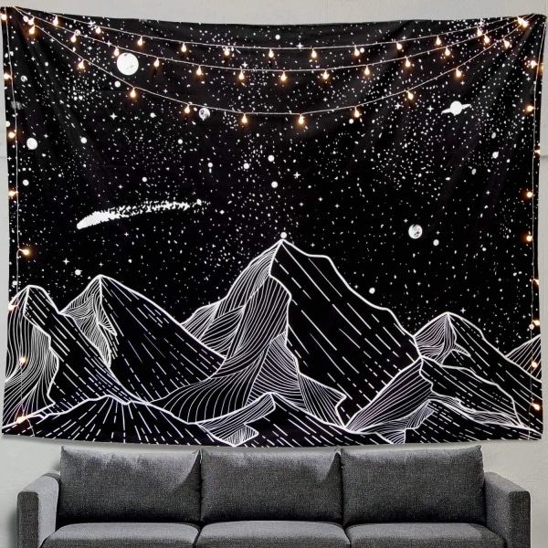 Fjellmåne Gobeleng Veggdekor Stjerner Svart og Hvit Kunst Gobeleng Hjeminnredning (60\" x 60\")