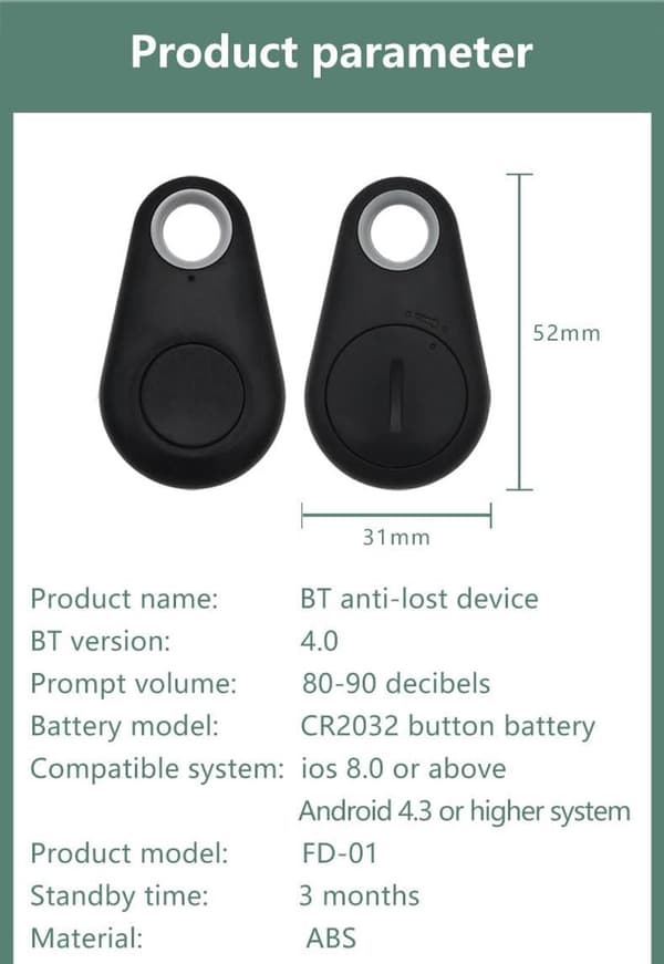 Bluetooth Tracker til iOS og Android, Mini Genstandsfinder med Gratis App, Sporing i Reeltid til Nøgler, Kæledyr, Børn og Bagage, Sort