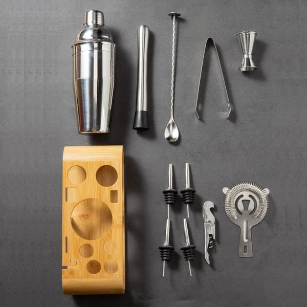 Cocktailshaker-set 12 delar 750 ml rostfritt stål bartender-kit med sil, måttbägare, muddler och bambuställ för hembar och fester