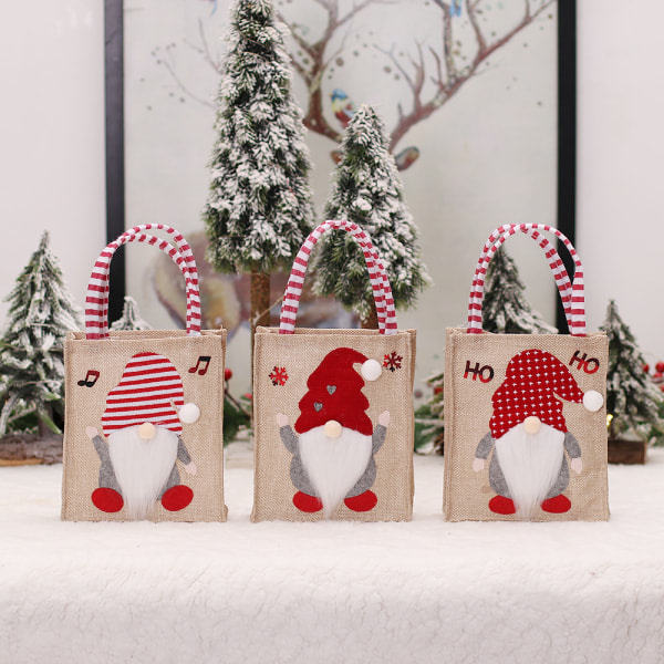 Canvas julklappspåsar, 3 st julpapperspåsar med håndtag Julklappspåsar med jultrykk for presentinslagning Julfest Suppli