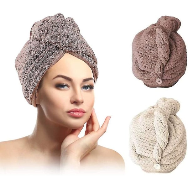 TG Turbanhåndkle, Hodehåndkle Med Knapp Mikrofiber, beige+brun - 2 Stykker