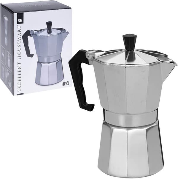 Espressomaskine til komfur, 6-kops aluminiumsperkolator, 330 ml, kompakt design til hjemmebrygning af kaffe, sølv