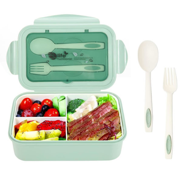 Matboks, Bentoboks for voksne & Barn, 1400 ml lekkasjesikker matboks med 3 rom og bestikk (grønn)