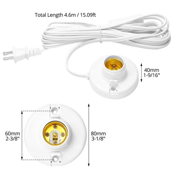 E26 E27 Plug-in Lamphållare med På/Av-brytare, 4,5 m Förlängningssladd, Kopparinnerring för Hemmabelysning, Vit, 2-pack