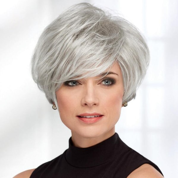 Kort sølvgrå peruk, syntetfiberperuk for kvinner
