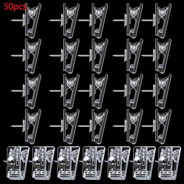 50 stk/pakke Klipsformede multifunksjonsnåler 1,0x0,4'' gjennomsiktige klipslignende tommestifter for kontor/skoletavler