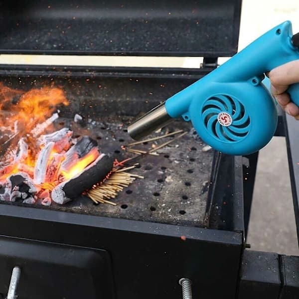 BBQ-blæser bærbar genopladelig elektrisk ildstarter i plast og rustfrit stål til udendørs grillning, camping, picnic, blå