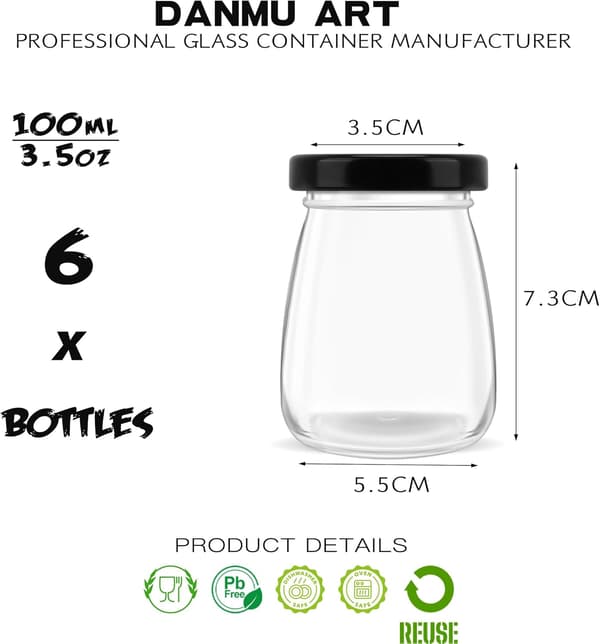 6 st 100ml Klara Glasflaskor med Snygga svarta Lock Små Glasburkar Mini Mjölkflaskor för Yoghurt Pudding Sylt