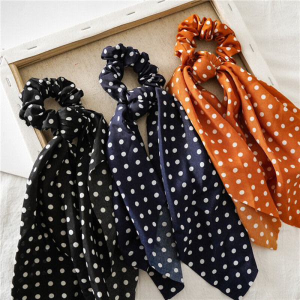 6 st Polka Dot Band Scrunchies Hästsvans Lång Scarf Rosett Elastiskt hår knytrep