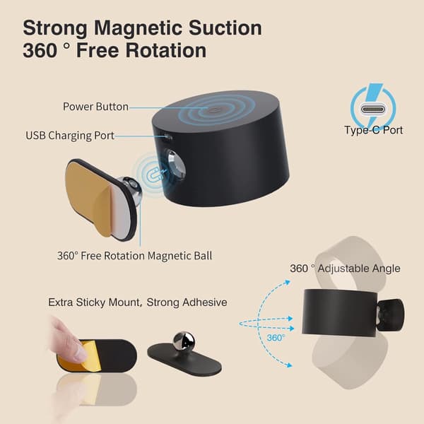 LED Væglampe, Genopladelig Magnetisk Trådløs Lampe Med USB-C, Berøringsdæmpning Og 360° Rotation Til Soveværelse, Seng, Sort