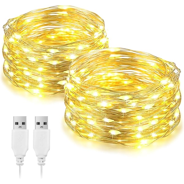 2-pack 10 m LED-slingor, USB -driven, 100 LED Silver Wire De