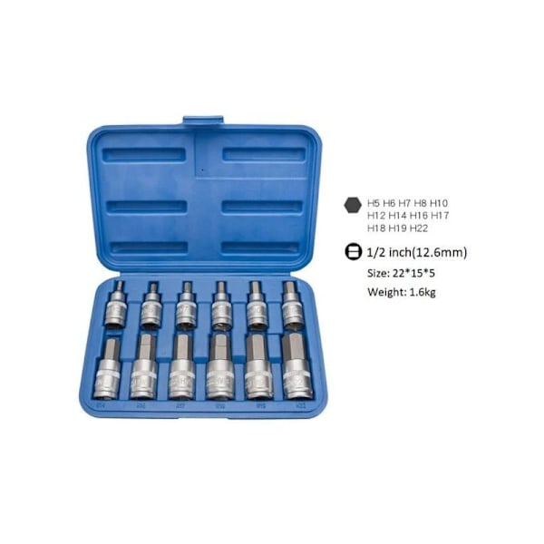 12-delt Torx Hex Topnøglesæt, 6-kant Top 5, 6, 7, 8, 10, 12, 14, 16, 17, 18, 19, 22 mm, med opbevaringsboks i plast, 12,5 mm (1/2 tomme)..DEBUNS