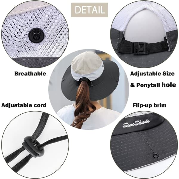 Solhat til kvinder UV-beskyttelse Bucket Hat med hestehale-knaplukning