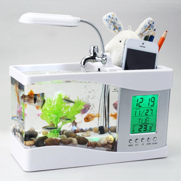 Kreativ multifunktions USB Mini Aquarium Fish Tank Led Lampa Penna Liten guldfiskskål svart