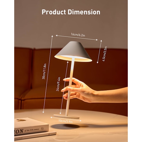 Genopladelig Ledningsfri Bordlampe, Dæmpbar LED Batteridrevet Skrivebordslampe, Vandafvisende, 3000K Varmt Hvidt Lys, Metal Natlampe til Soveværelse, Terrasse ( White