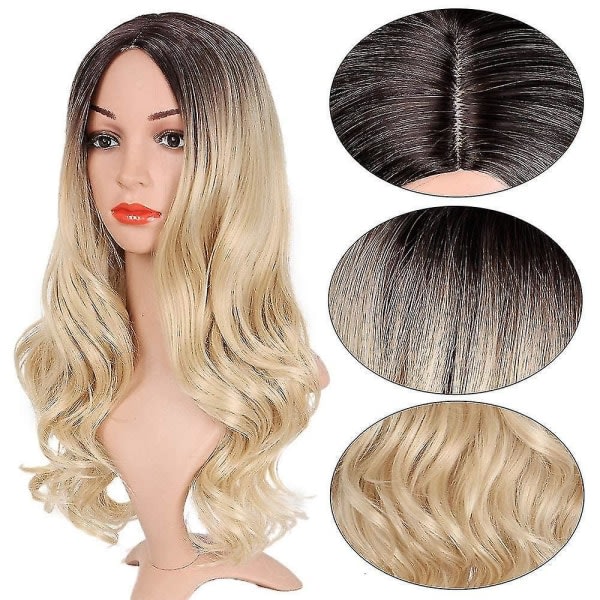 Lang krøllete parykk Ombre Blond Bølgete parykk 2-tone Blond Syntetisk Cosplay Party Parykk for Kvinner Mellom Par