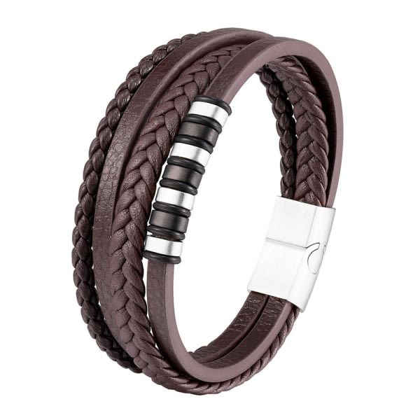 TG Stilsäkert Högkvalitet Slittåligt Armband i Flätat Läder Brun-Silver 21cm