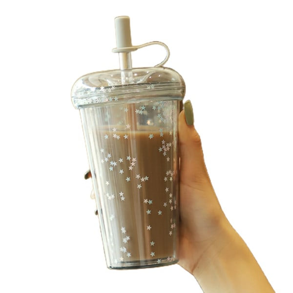 420 ml Återanvändbar glittrande glitterkopp med lock, sugrör, transparenta paljetter, vattenflaska, söt tvålagers plastkopp, ljusgrå