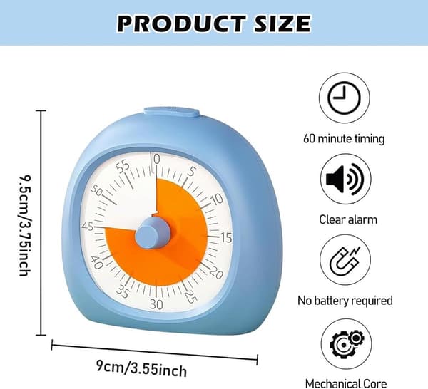 Visuell timer för barn 60 minuters nedräkning med tyst drift, enkel vridinställning för läxor, klassrum, kök och matlagning, blå