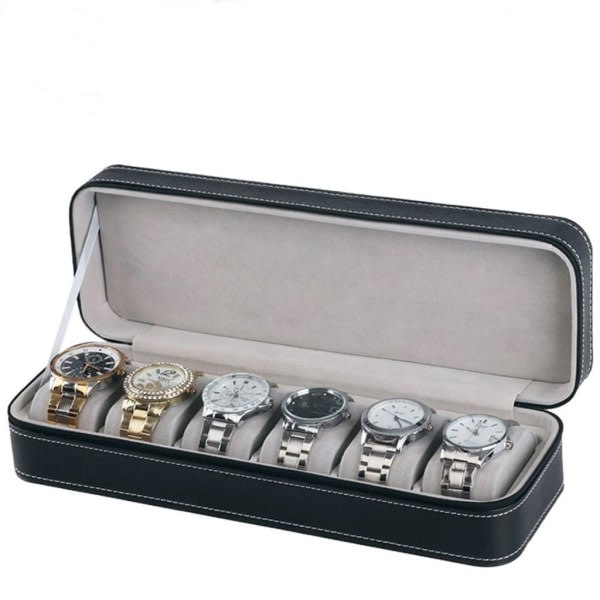 6 fack Watch Box med dragkedja med dragkedja Organizer Läder smycken Watch Box