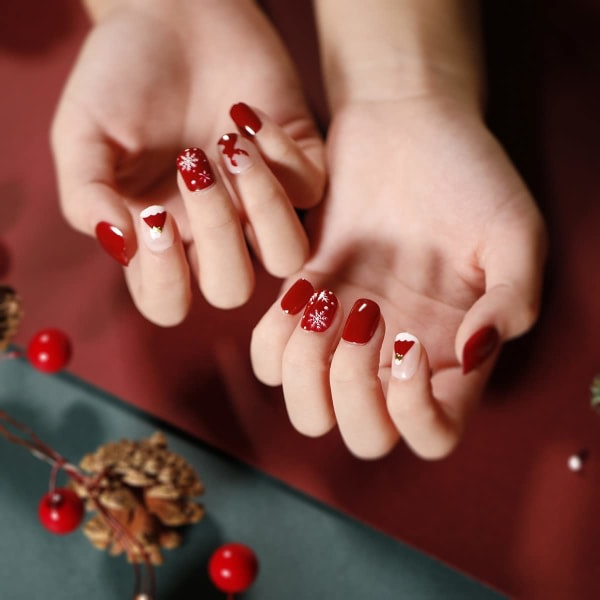 Galaxy Förpackning med 24 julpress på naglar Korta röda snögubbe-naglar färg 4