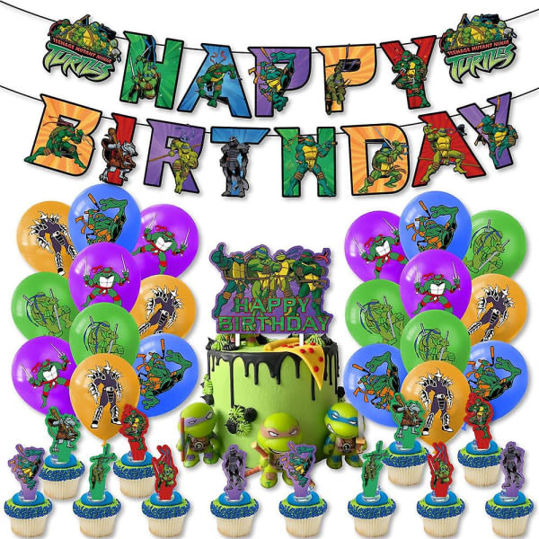 Teenage Mutant Ninja Turtles Temafest Sett Banner Dra Flagg Ballong Kit Kake Cupcake Toppers Tilbehør