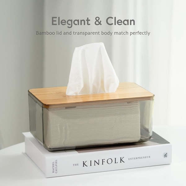 Minimalistiskt omslag, modern genomskinlig rektangulär bambu ansiktsvävnadslåda för badrum, sovrum, vardagsrum