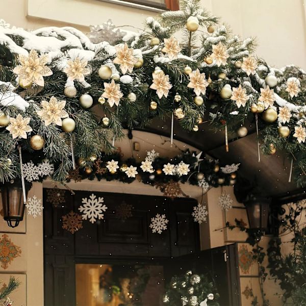 12 st Röd Guld Konstgjorda Julstjärnor, Julblommor för Träddekoration, 14cm