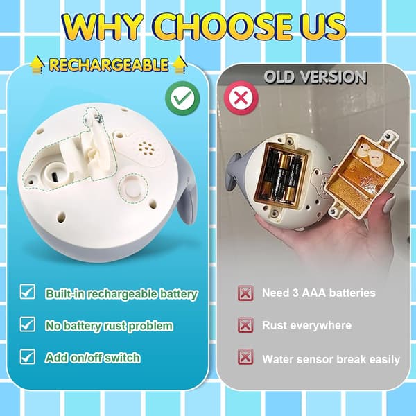 Hvalbadelegetøj, USB genopladelig vandsprøjte med farverige lys til babyer, småbørn, badekar, pool, bruser, grå