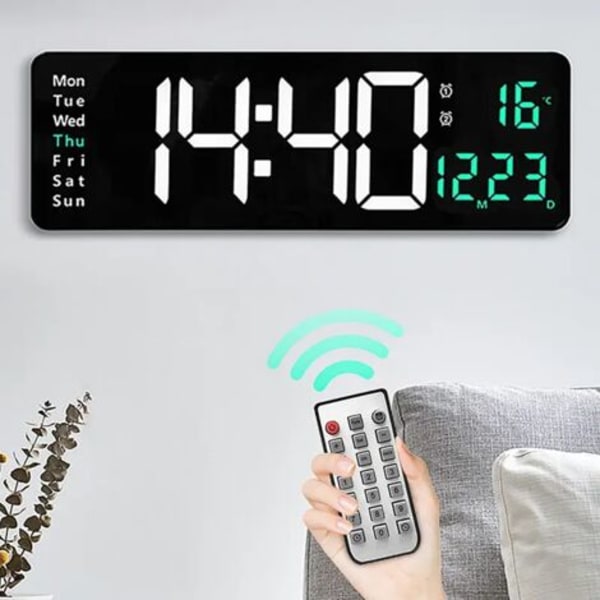 Large Digital Wall Clock with Remote Control, Temperature Display, Day of the Week, Power-off/Memory Function, LED Clocks