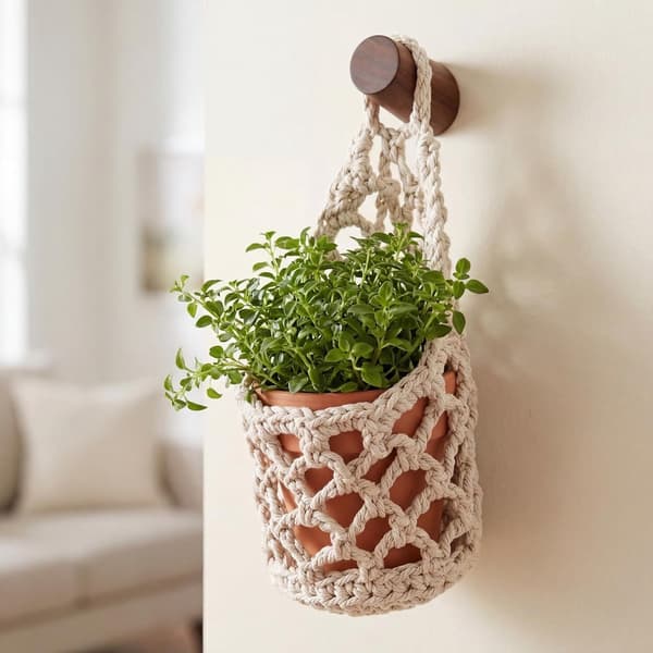 Makrame Väggkorgar för Växter, Handvävd Bomull, Platsbesparande Inredning för Vardagsrum, Set om 6, Vit, 13 x 24 cm