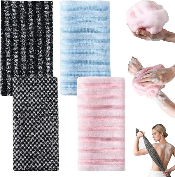 Eksfolierende dusjhåndkle, lang kroppsskrubber i nylon/polyesterblanding for dyprensing, rygg og kropp, 4-pakning, assorterte farger